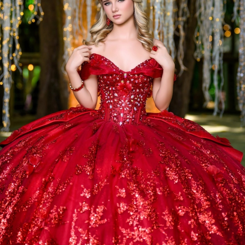 Red Shiny Quinceanera Dresses Off The Shoulder Sequin Applique Lace Beading Crystal Bow Tull Party Birthday Sweet 16 Dres Vestidos 15 De Anos