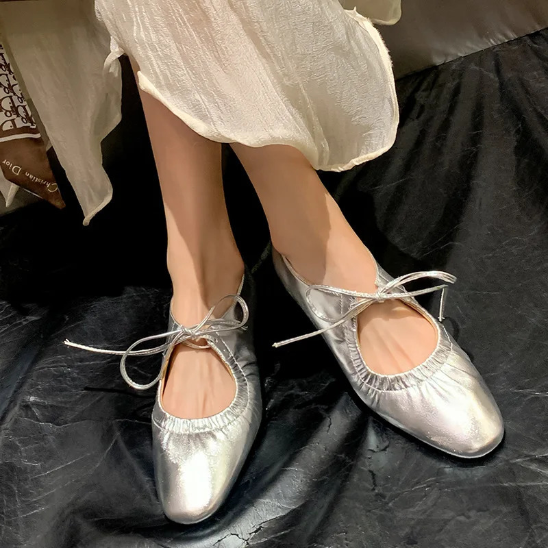 Women Flat Soft Laceup Loafers Female Spring Fashion Silver Mary Jane Single Shoes Ladies Casual Dress Outdoor Ballet Shoes 251017