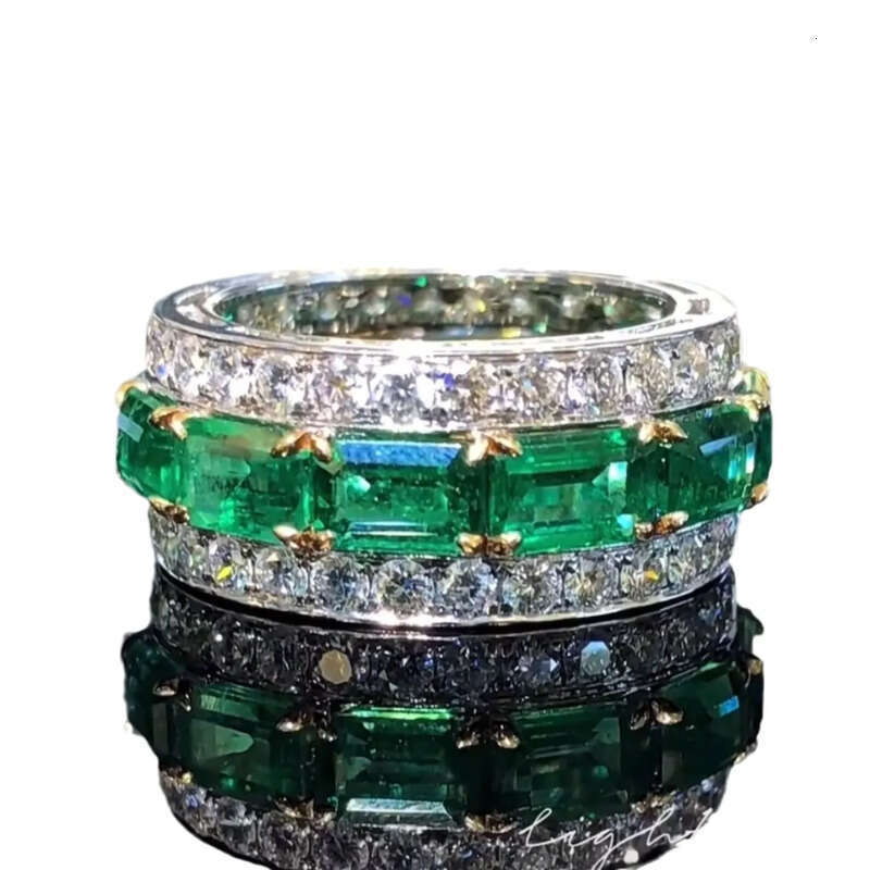 Rulalei Valuable Lovers Lab Emerald Dia Ring Sterling Sier Party Wedding Band Rings for Women Men Engagement Jewelry Gift