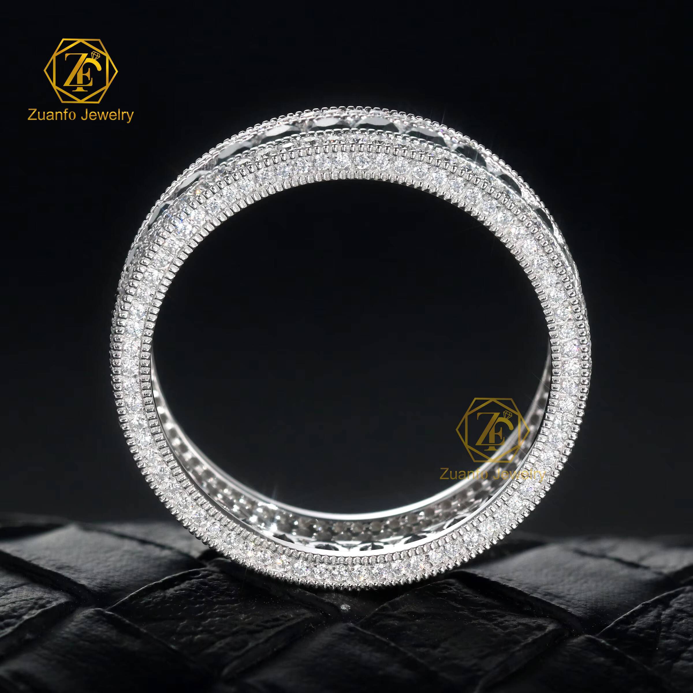 Hip Hop Eternity Band Ring 10K 14K White Gold VVS Round Shape White Black Moissanite Diamond Ring for Men