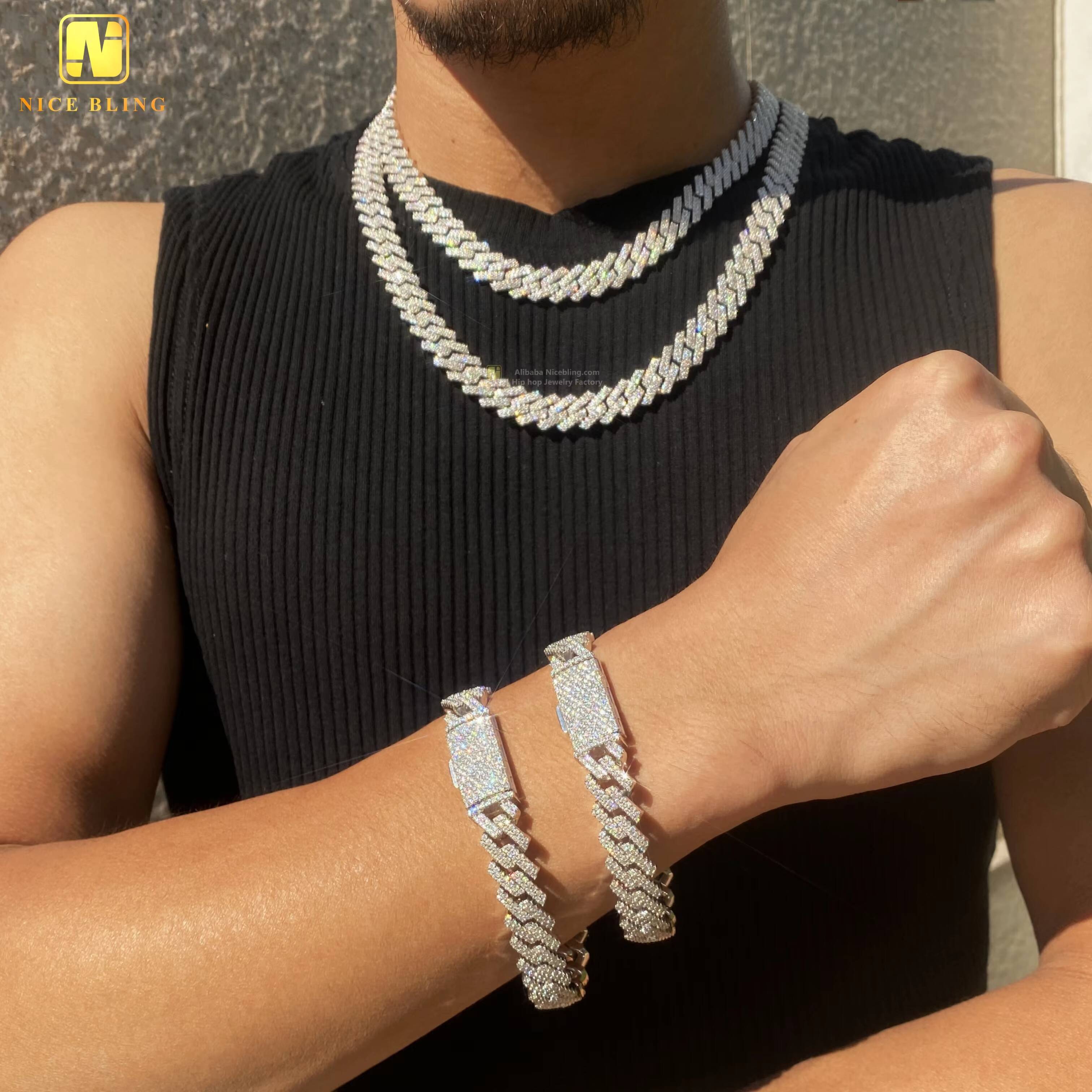Hip Hop Jewelry Iced Out 925 Sterling Silver Moissanite Cuban Link Chain 12mm Fashion Men Jewelry Cuban Necklace Bracelet