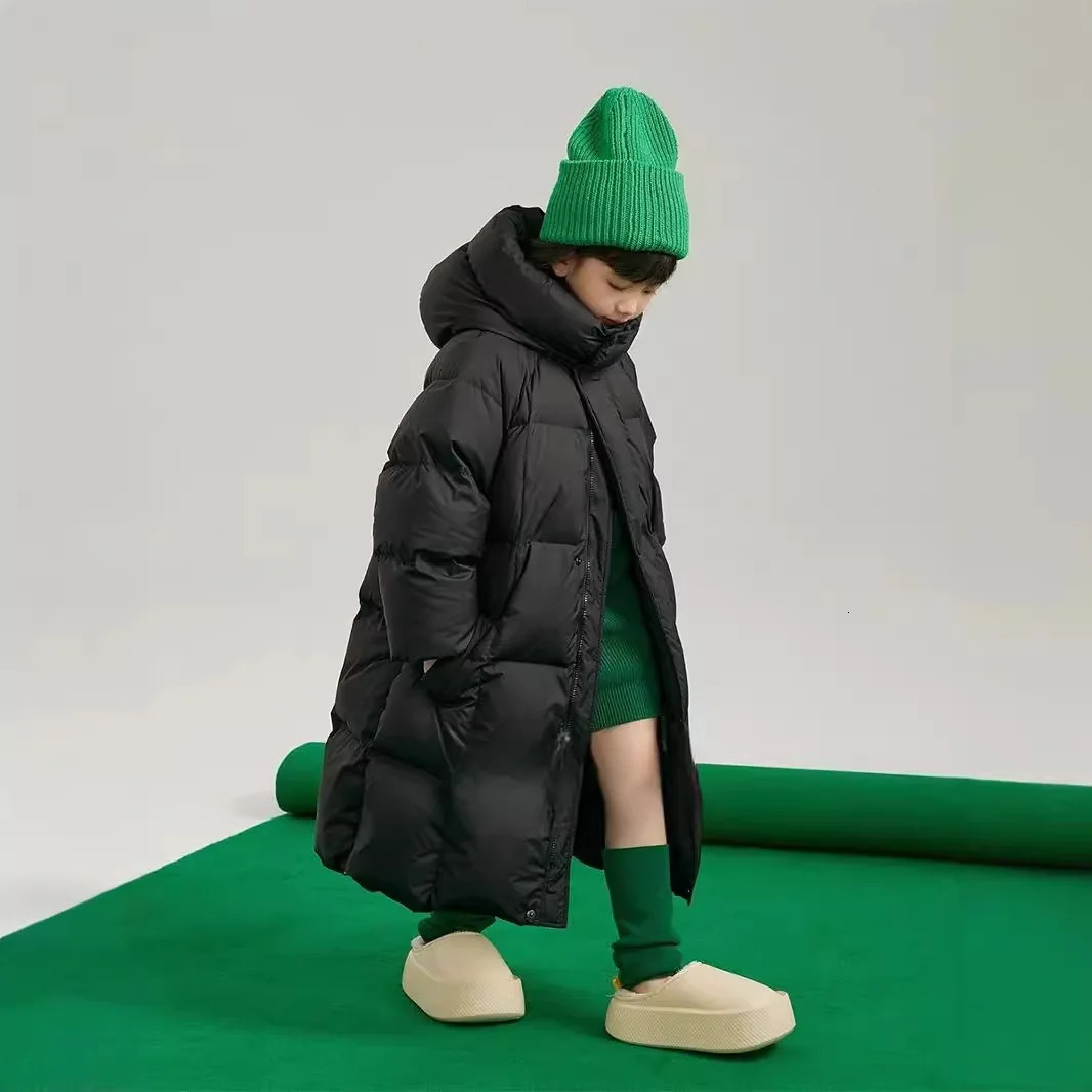 Winter Children Warm Down Jacket Teen Solid Color Thick Hooded Zipper Coat Kid Boys Girls Long Cottonpadded Clothes 251015