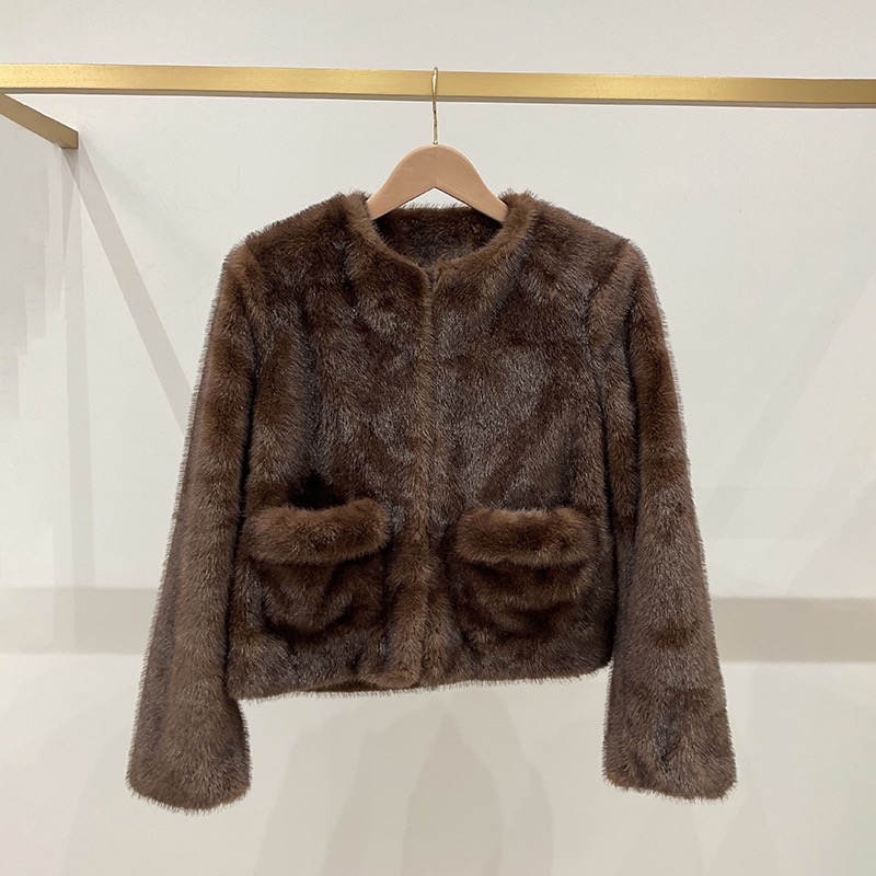2026 autumn/winter m/a * j brown round neck environmentally friendly fur smooth glossy short jacket