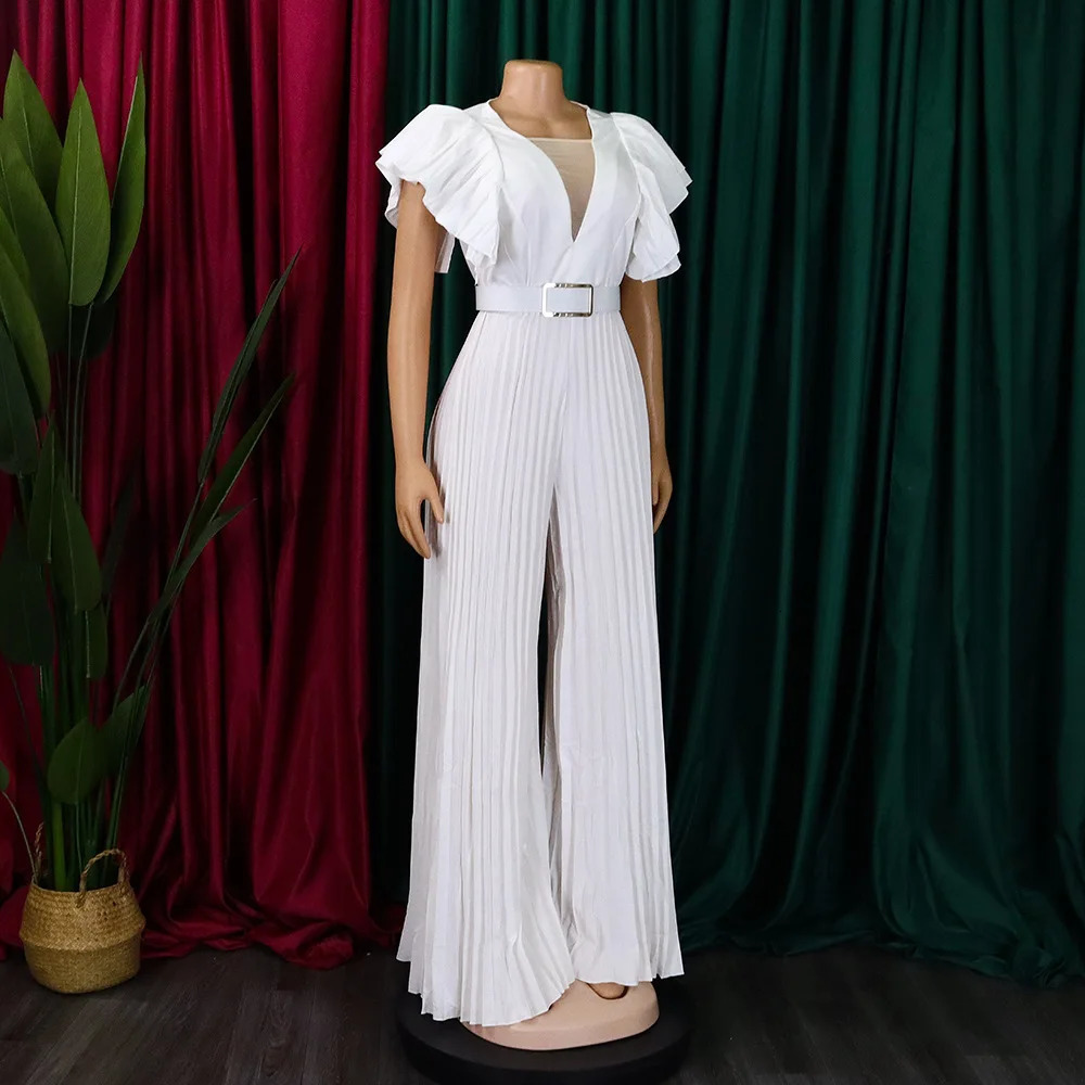 Elegant Pleated Jumpsuits Rompers for Women V Neck Ruffles Belt Waisted High Waisted Floor Length Birthday Party Outfit 251016