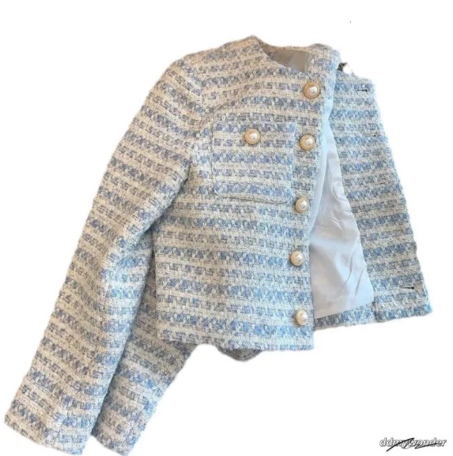 Cropped Cardigan: Elegant Single-Breasted Autumn/Winter Pearl Button Long Sleeve Outwear Top - Perfect For Chic Style, Ladies Blue Tweed Jacket Ddmywo