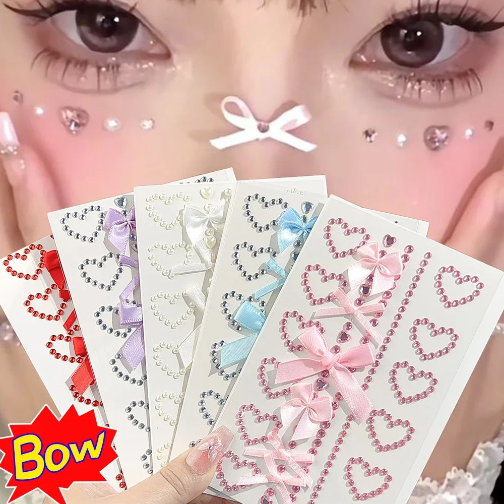 Fashion Face Stickers Rhinestone Ribbon Bow DIY Eyes Face Makeup Sticker Easy To Wear Bows Temporary Tattoo Stickers Makeup Tool 251015