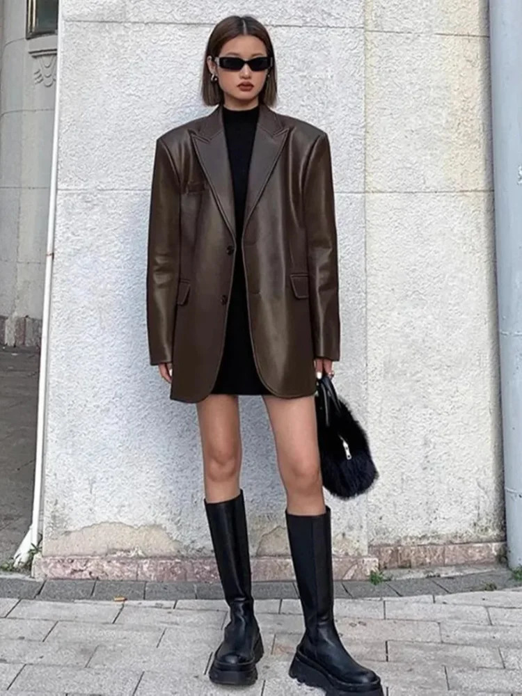 Brown Soft PU Leather Blazer Jacket Motorcycle Long Sleeve Single Breasted Casual Coat Top for Autumn High Streetwear 251015