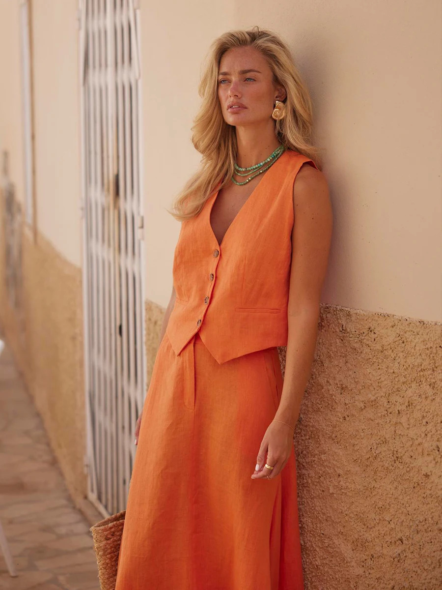 Bronladies Womems Chic Vest Skirt Suit 2Piece Set Summer Female Sleeveless Top Fashionable Office Ladies Loose Outfits 251014