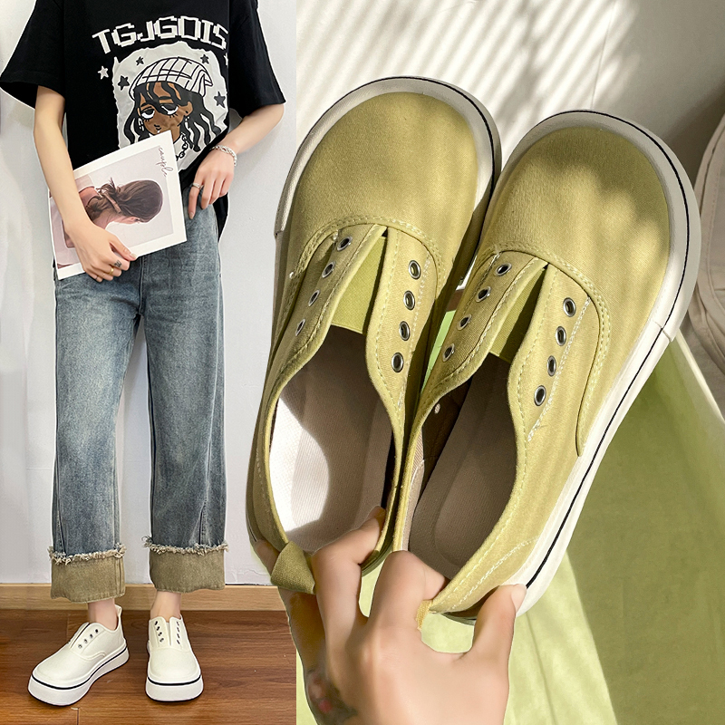 Women's Square Head Toe Low-Profile Canvas Shoes Women's Spring Summer New Style Breathable Thin-Material Flat Heel Board Shoes Student Brea