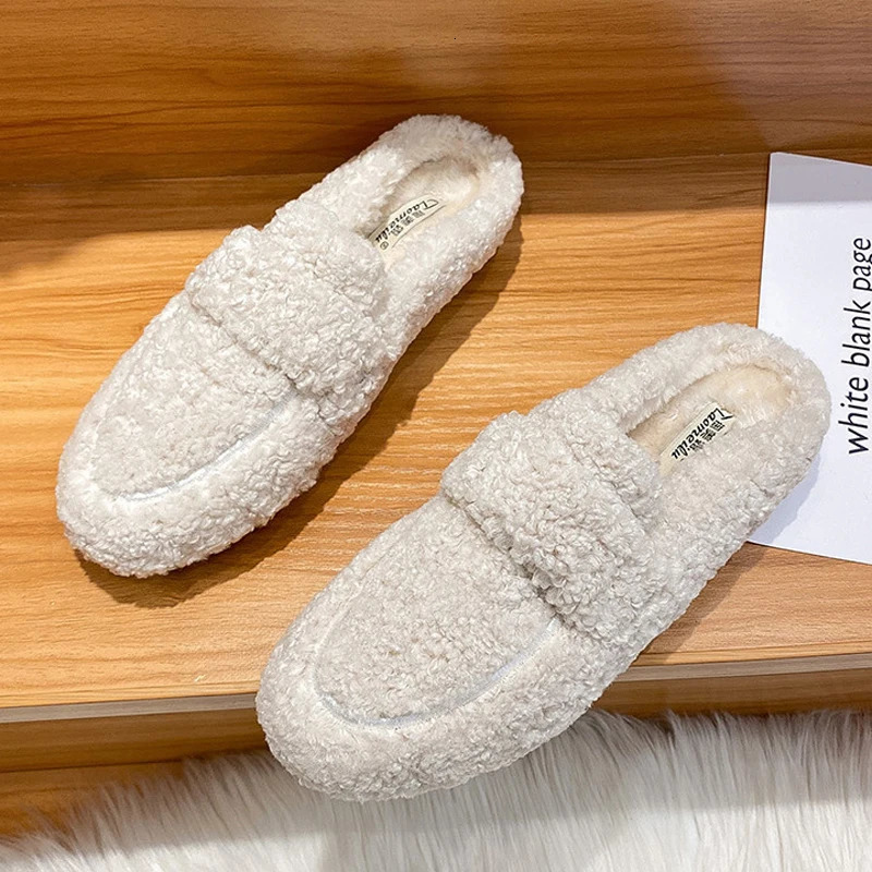 Curly Lambswool Shoes Ladies White Fur Slippers Femmes Slip On Mules Winter Warm Closed Toe Slides Women Sheep Woolen Flats 251013