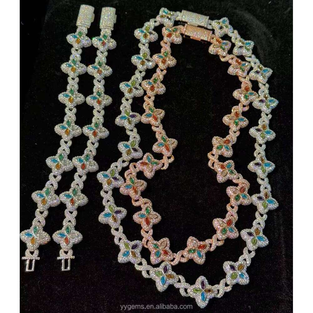 Countess Yuying Cut Flower Style Color Silicon Stone Real Gold Plated S Sier Cuban Chain Necklace Hip Hop Jewelry