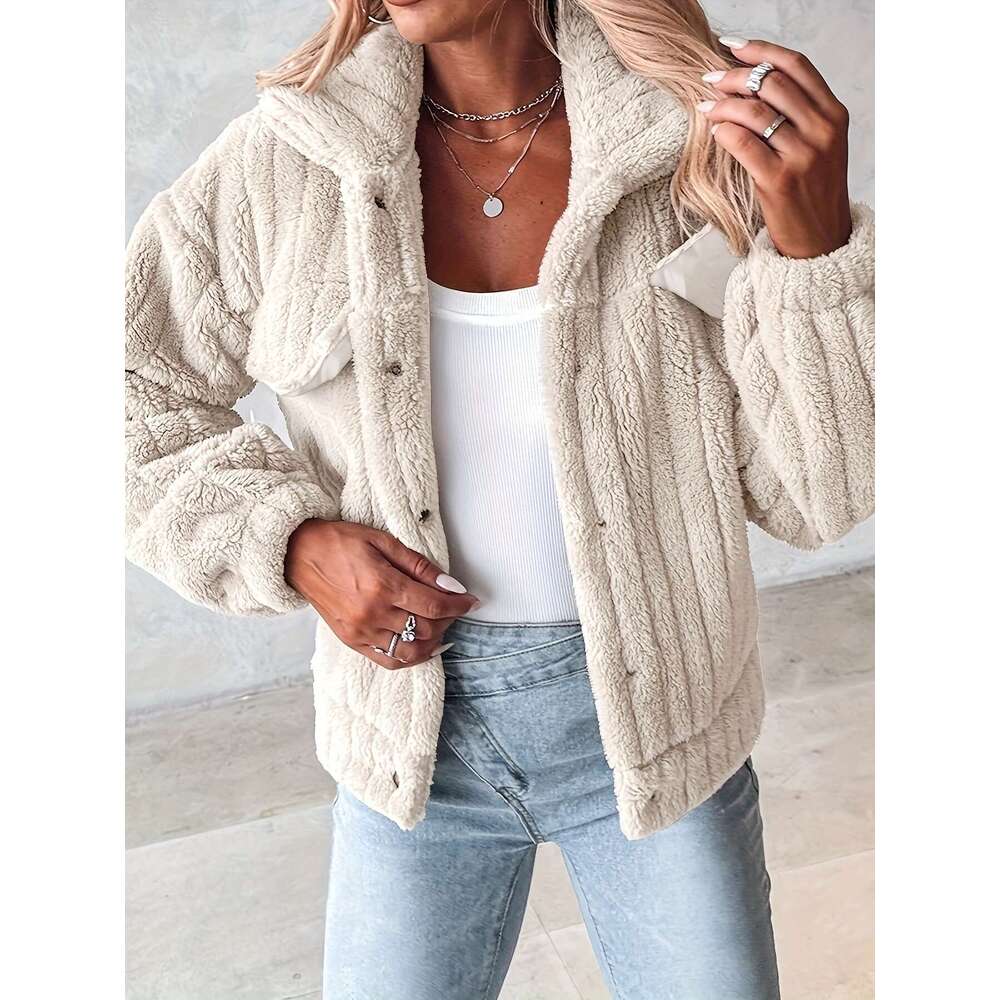 Pink Jacket Soft Pink Women's Plush Casual Jacket Hine Washable Stand-Up Collar Button Front Winter Coat | Fall/Winter Outerwear For Everyday Com