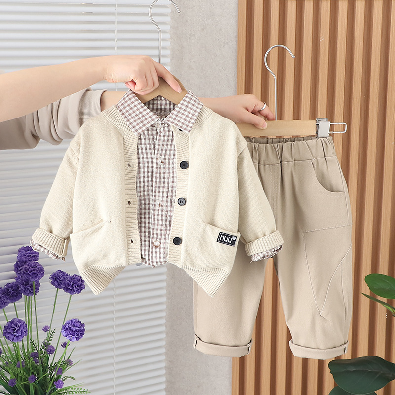 Boys' Spring Set 2025 New Fashionable Children's Standard Long Sleeve Sweater Coat Baby Casual 3-Piece Set Free Shipping Designer