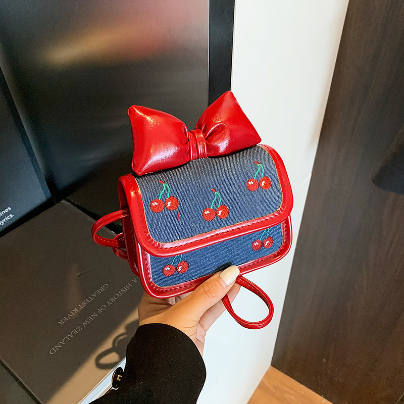 Luxury Brand Designer Bag New Cute Girly Style Bow Mini Square Bag Fashionable Denim Children's Cherry Exquisite Crossbody Bag