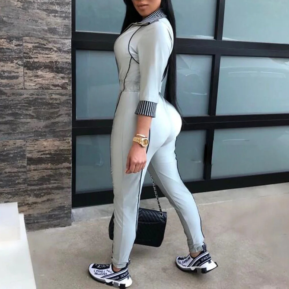 Sexy Front Zipper Casual Jumpsuit Rompers for Women Turtleneck Long Sleeve Skinny Fitness Overalls Grey One Piece Outfits Female 251016