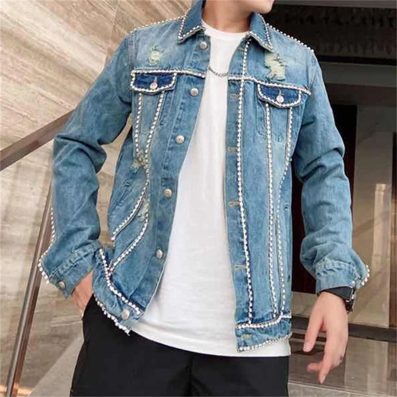 Diamond Border Printing Fashion Mens Denim Slim Fit Bomber Jacket Mens Autumn Casual Hip Hop Denim Jacket Veste En Jean 251014