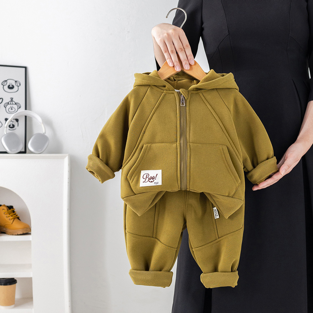 Boys' Plush Set 2025 Stylish New Children's Winter Boys' Baby Autumn Winter Solid Color Zipper Two Piece Set Trendy Free Shipping