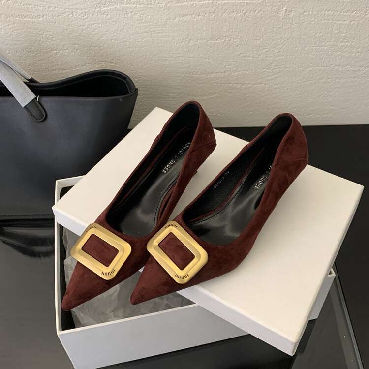 Pointed Toe Suede Elegant Designer Shoe Single Shoes for Women Slimming, Metal Buckle Shallow Mouth Kitten Heels