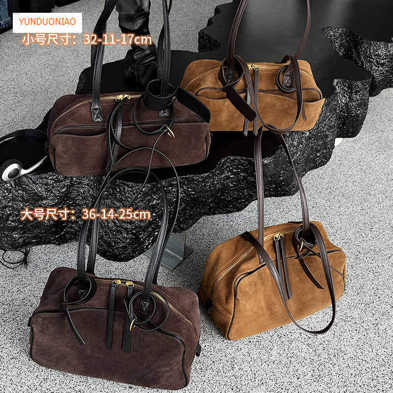 Matte texture women's shoulder bag cowhide bowling bag genuine leather 2025 new luxury commuting handbag autumn and winter new designer bag