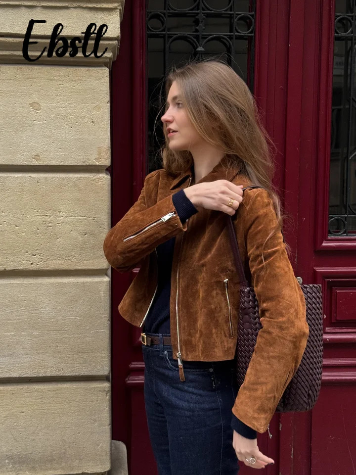 Street Suede Zippers Short Jackets Womens Vintage Lapel Full Sleeve Pocket Jacket 2025 Autumn Winter Lady Casual Outwear 251010