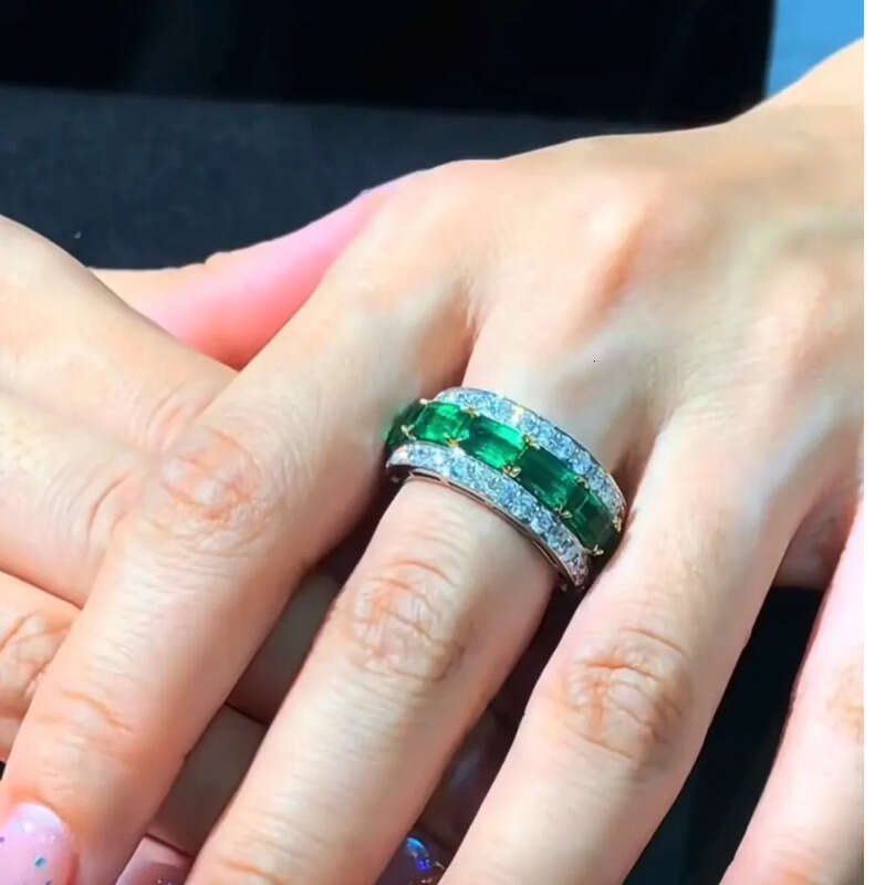 Rulalei Valuable Lovers Lab Emerald Dia Ring Sterling Sier Party Wedding Band Rings for Women Men Engagement Jewelry Gift