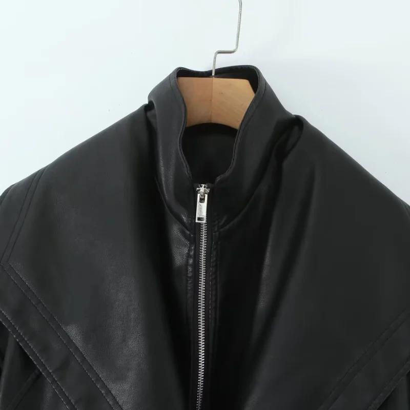 Fashionable Chic Autumn Jacket Retro Lapel Pu Leather Zipper Coat Versatile Stylish Casual Cool Outerwear Womens Clothing 251010