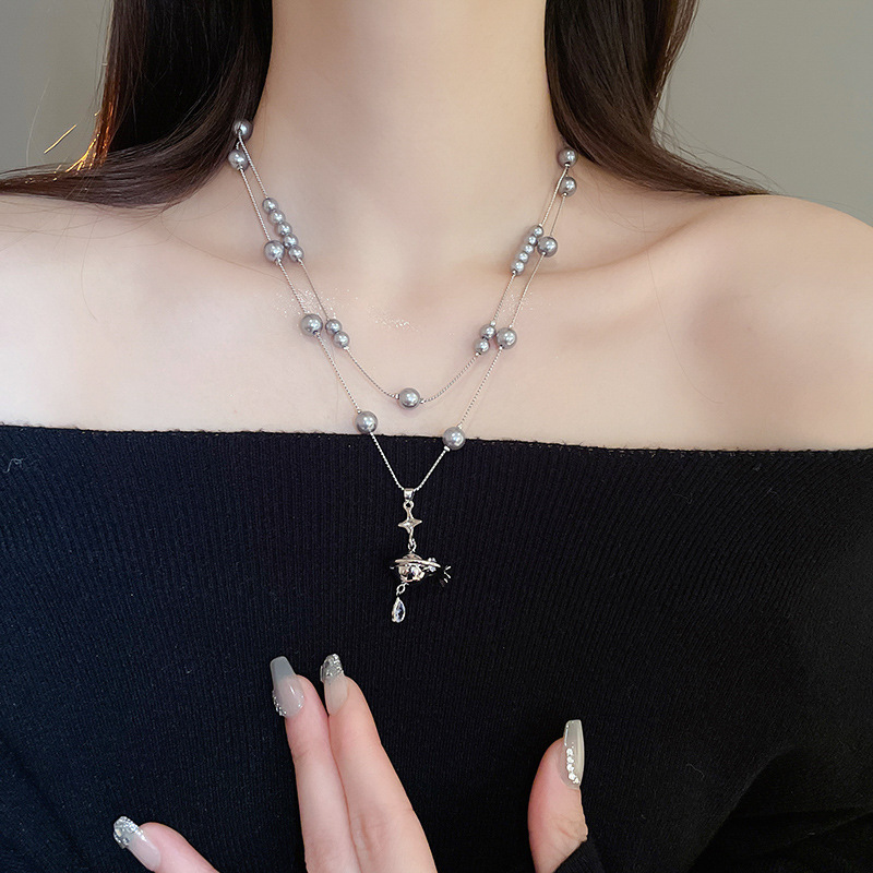 Inlaid Dia Saturn Water Drop Pearl Necklace French Light High-end Sweater Chain Autumn Winter Versatile Simple Jewelry Accessories