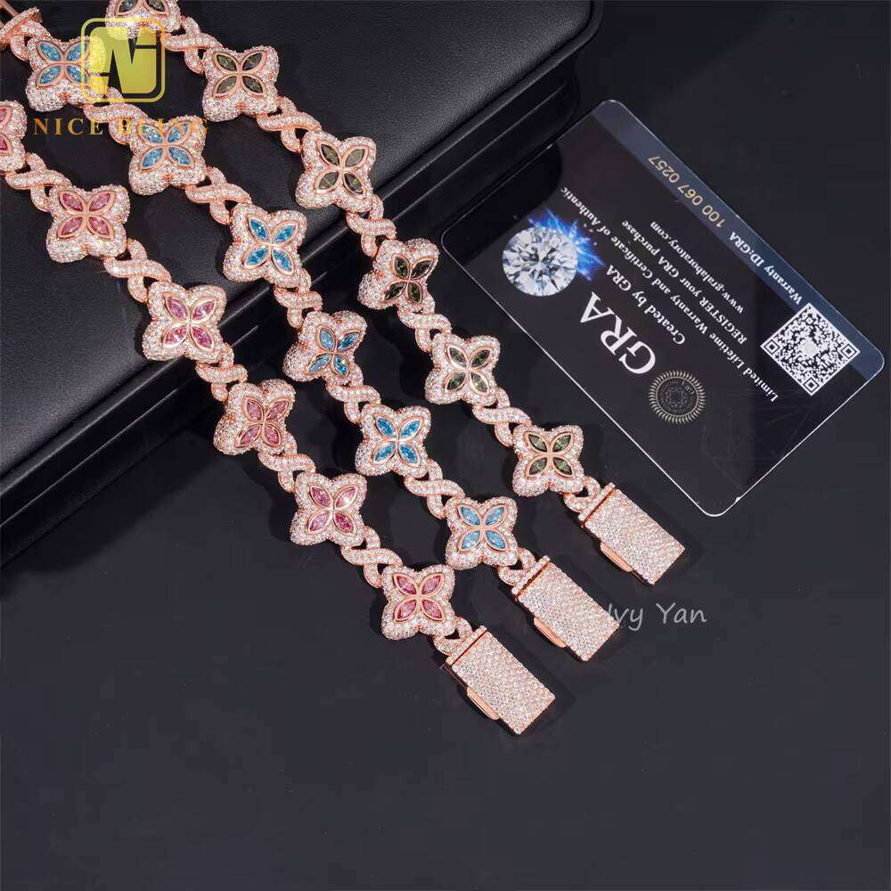Rich Color Luxurious Floral Design 18mm Iced Out Hip Hop Unisex Jewelry Cuban Chain Sier VVS Sandstone Bracelet
