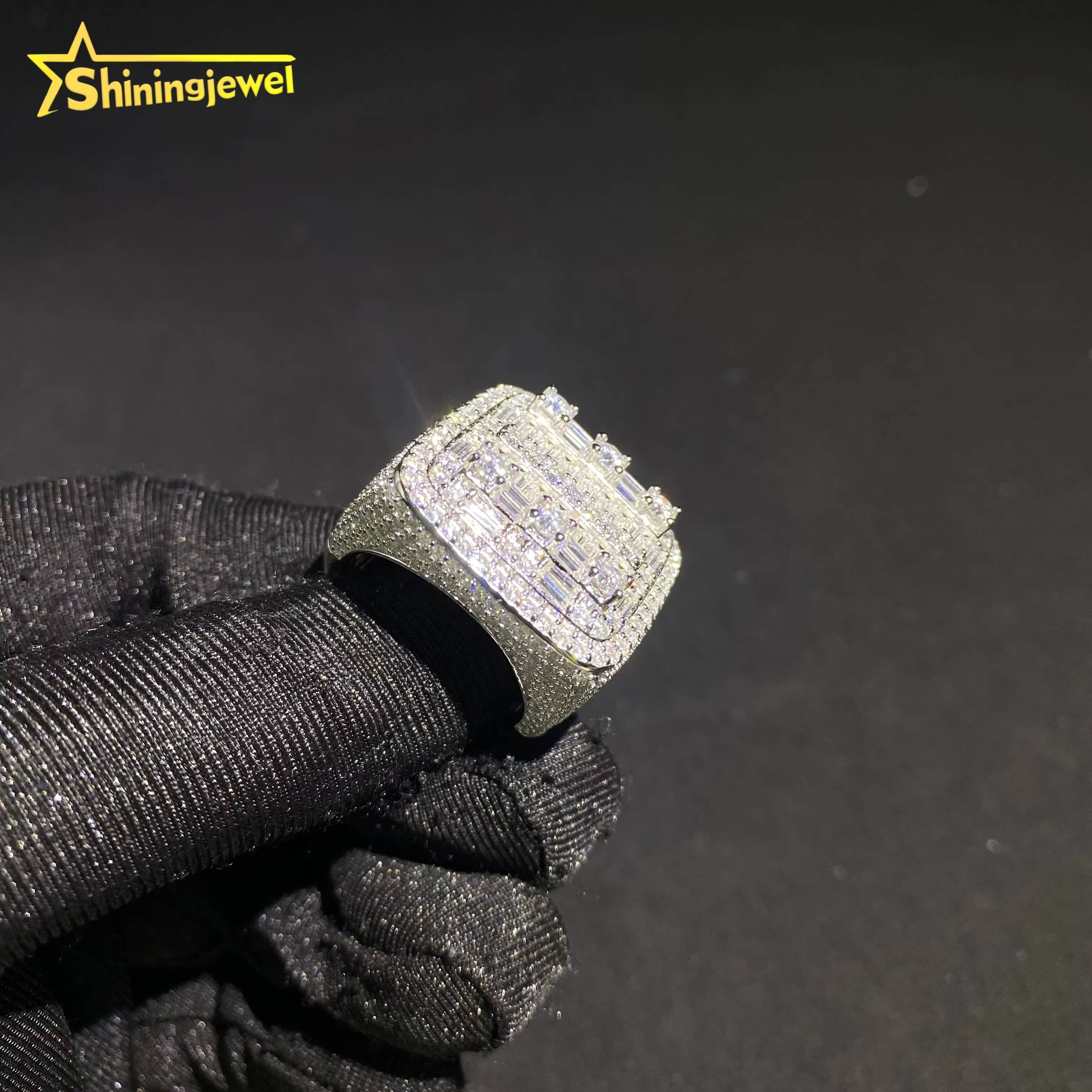 GRA Certificate Iced Out Jewelry Men Baguette Cut Diamond Square Ring Fine Hip Hop VVS Moissanite Custom 925 Silver Ring