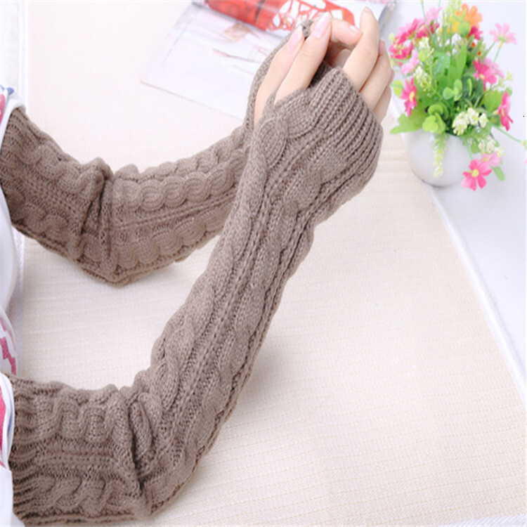 Yifan Autumn Winter Outdoor Travel Warm Cold-Proof Solid Color Cable Knit Long Half-Finger Elastic Warmers Knitted Arm Sleeves for Women
