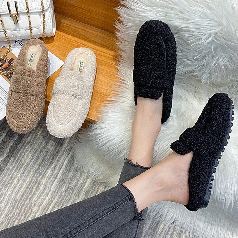 Curly Lambswool Shoes Ladies White Fur Slippers Femmes Slip On Mules Winter Warm Closed Toe Slides Women Sheep Woolen Flats 251013