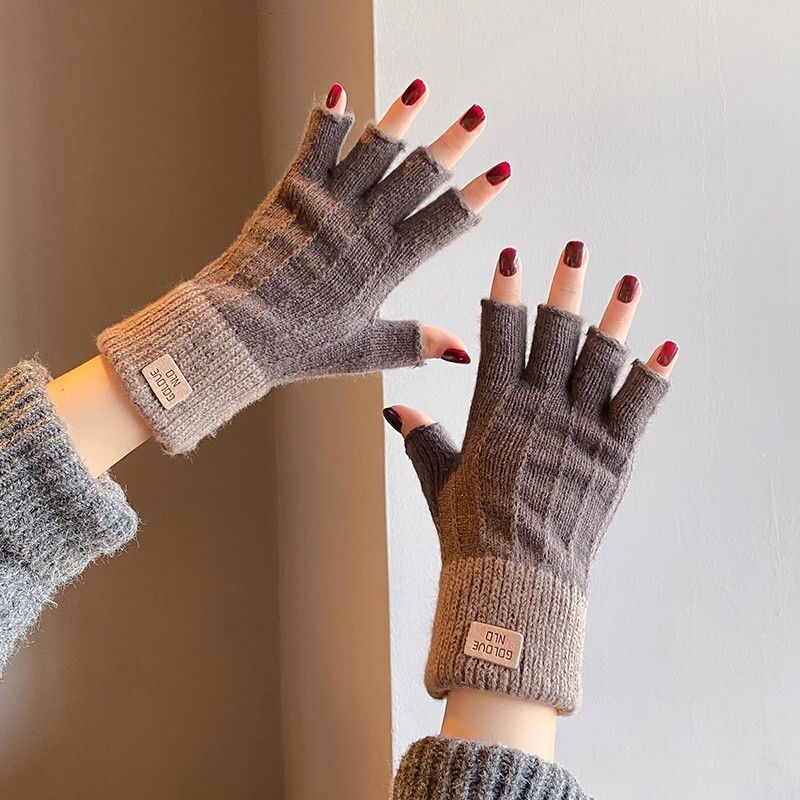 Winter Student Half-Finger Knitted Wool Fleece Touchscreen Writing Cycling Anti-Slip Fingerless Warm Gloves