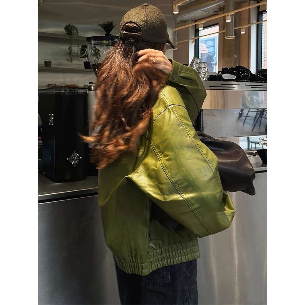 Women's Olive Green Retro Street Style Jacket - Loose Fit Drop Shoulder Zip-Up Casual Coat With H-Silhouette, Long Sleeves & Solid Color Design F