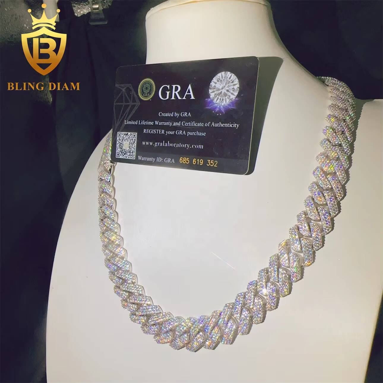 GRA Certificated Hip Hop VVS Miossanite Iced Out Diamond 15mm Sterling Silver 925 Miami Cuban Link Chain Necklace