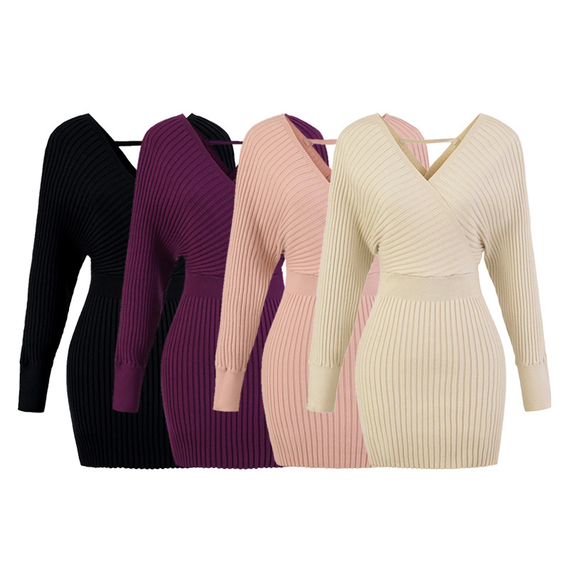 DR212 Autumn and Winter New V-neck Vertical Pierced Knitted Skirt Short Skirt