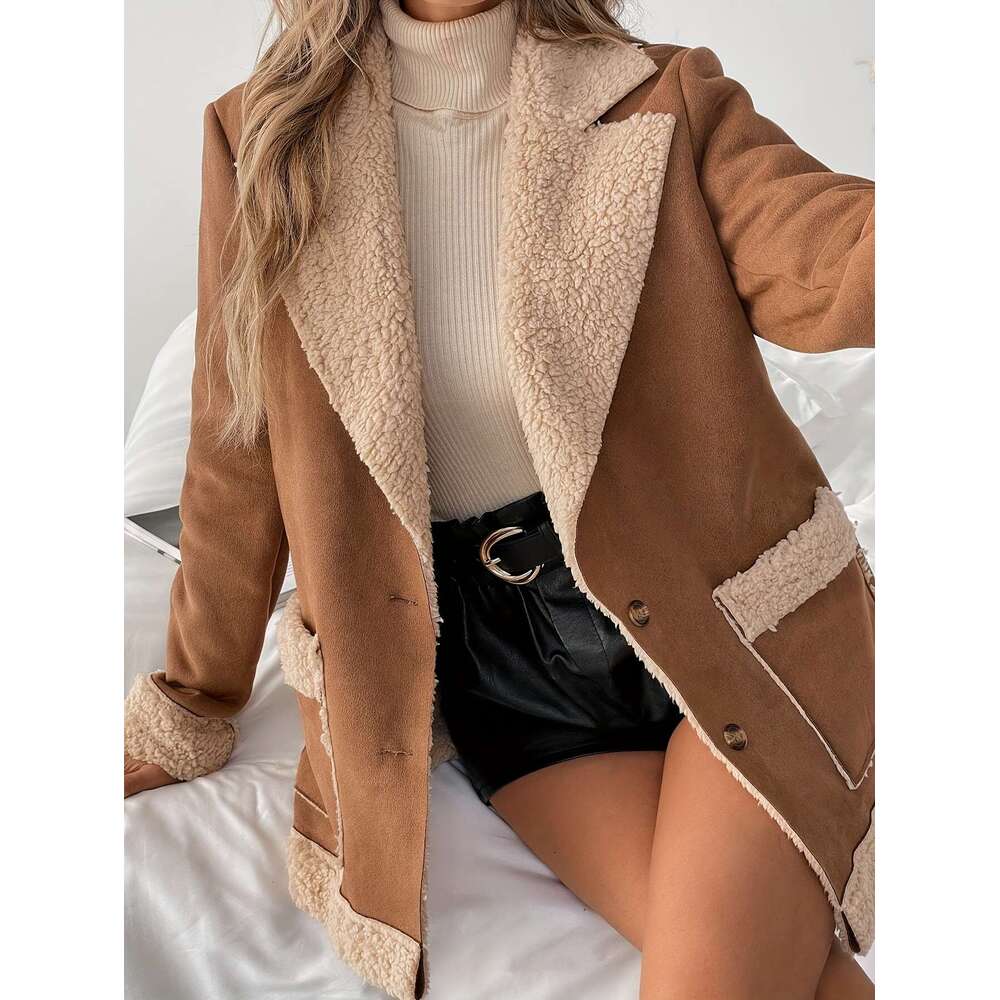 Elegant Women's Fleece-Lined Polyester Blazer, Solid Color, Long Sleeve, Woven Fabric, For All-Season Jacket