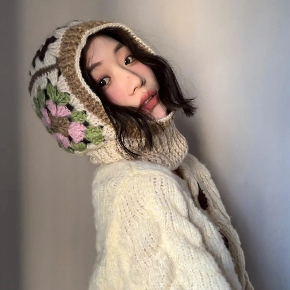 Handmade balaclava hat womens winter Korean version warm knitted yarn hat niche protective neck pullover hat 251014