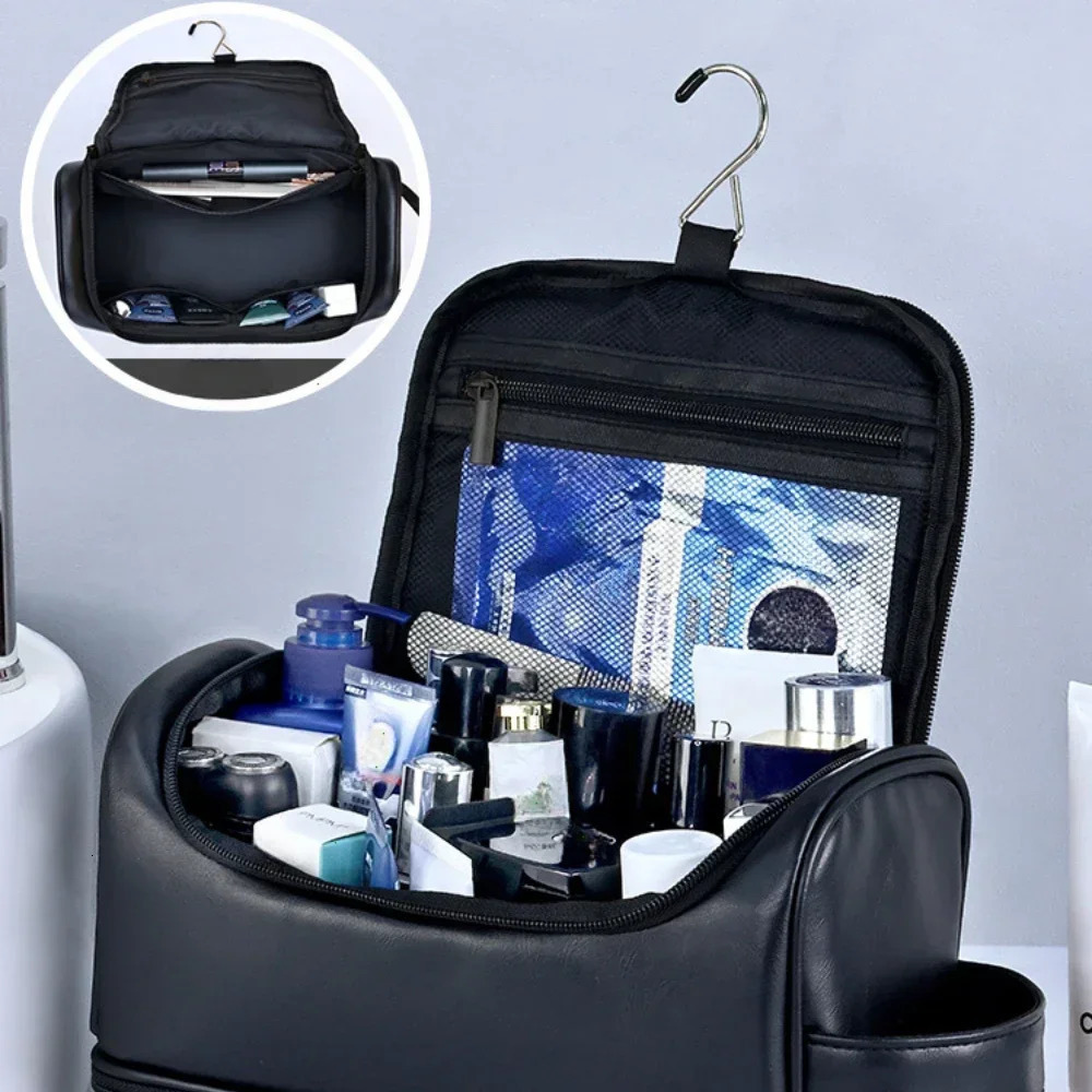 Large Hanging Toiletry Cosmetic Travel Bags for Men Women Leather Travel Bags with Hanging Hook Toiletries Bathroom Shaving Bags 251011