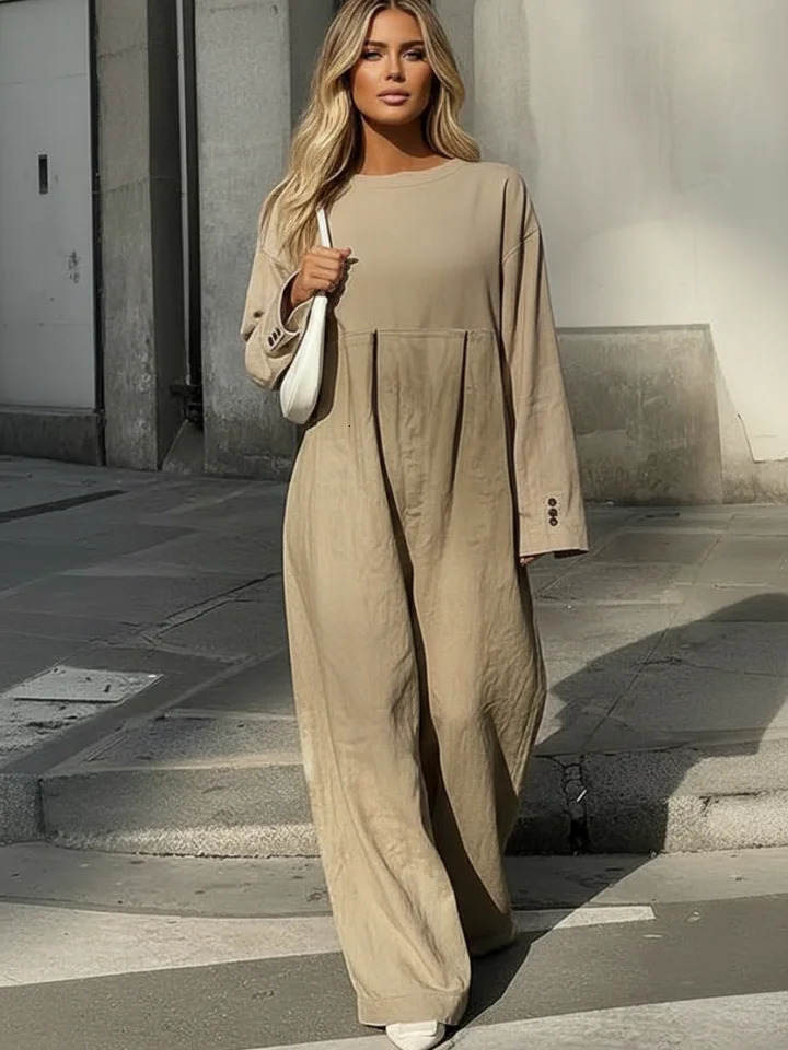 Freeacy Womens Loose Fit Splitjoint Jumpsuit Round Neck Long Sleeves Wide Leg Floor Length Coveralls Onepiece Suit 251016