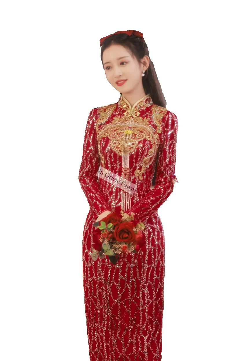 in OrientTown Wine Red Long Sleeve Bridal Gown Stand Collar Embroidery Cheongsam Brides Wedding Elegant Evening Dress in041