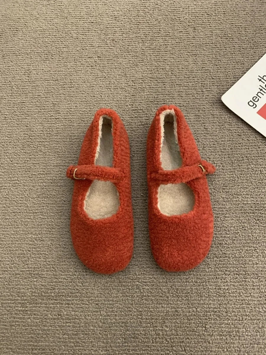 Fashion Round Toe Wool Ballet Flats Woman Concise Warm Plush Loafers Ladies Fluffy Mary Jane Shoes In Red Grey 251017
