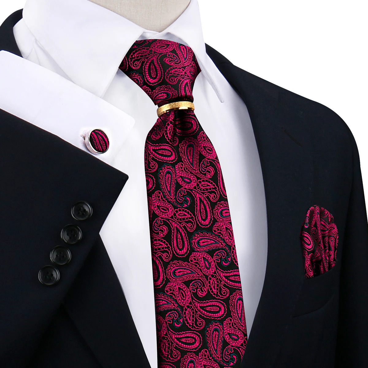 Necktie Ring For Men Tie Handkerchief Cufflinks With Gold Metal Ring Suit Paisley Red Tie For Wedding 8cm Man Accessories 251014