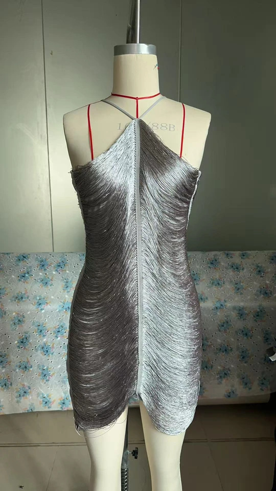 Fringe Vneck Halterneck Vestidos Women Elegant Cut Out Short Dress Fashion Patchwork Asymmetric Tassel Decor Dresses 251018