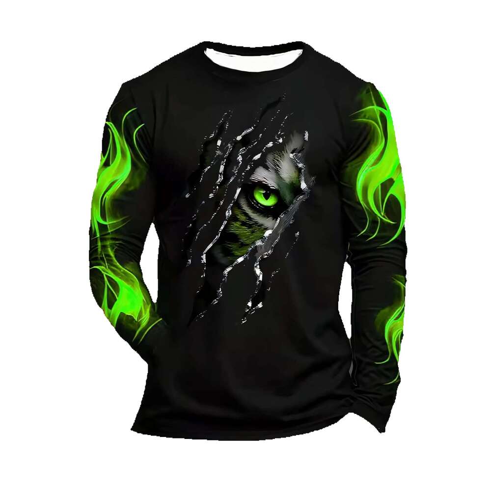 Men's Casual Long Sleeve Crew Neck T-Shirt Green Eye And Flame Design, Slim Fit Polyester Knit With Slight Stretch, Animal Pattern Graphic Tee