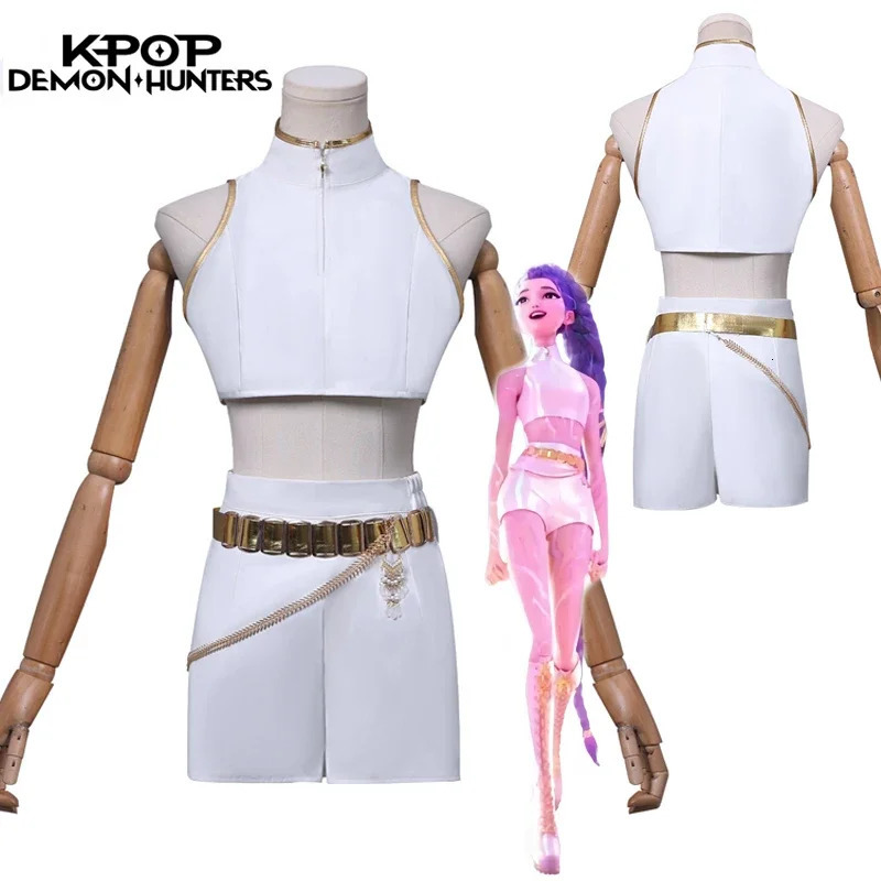 KPop Demon Hunters Kids Rumi Zoey Mira Cosplay glitter Costume White Uniform Set Huntrix Outfit For Girls Halloween Role Play 251017