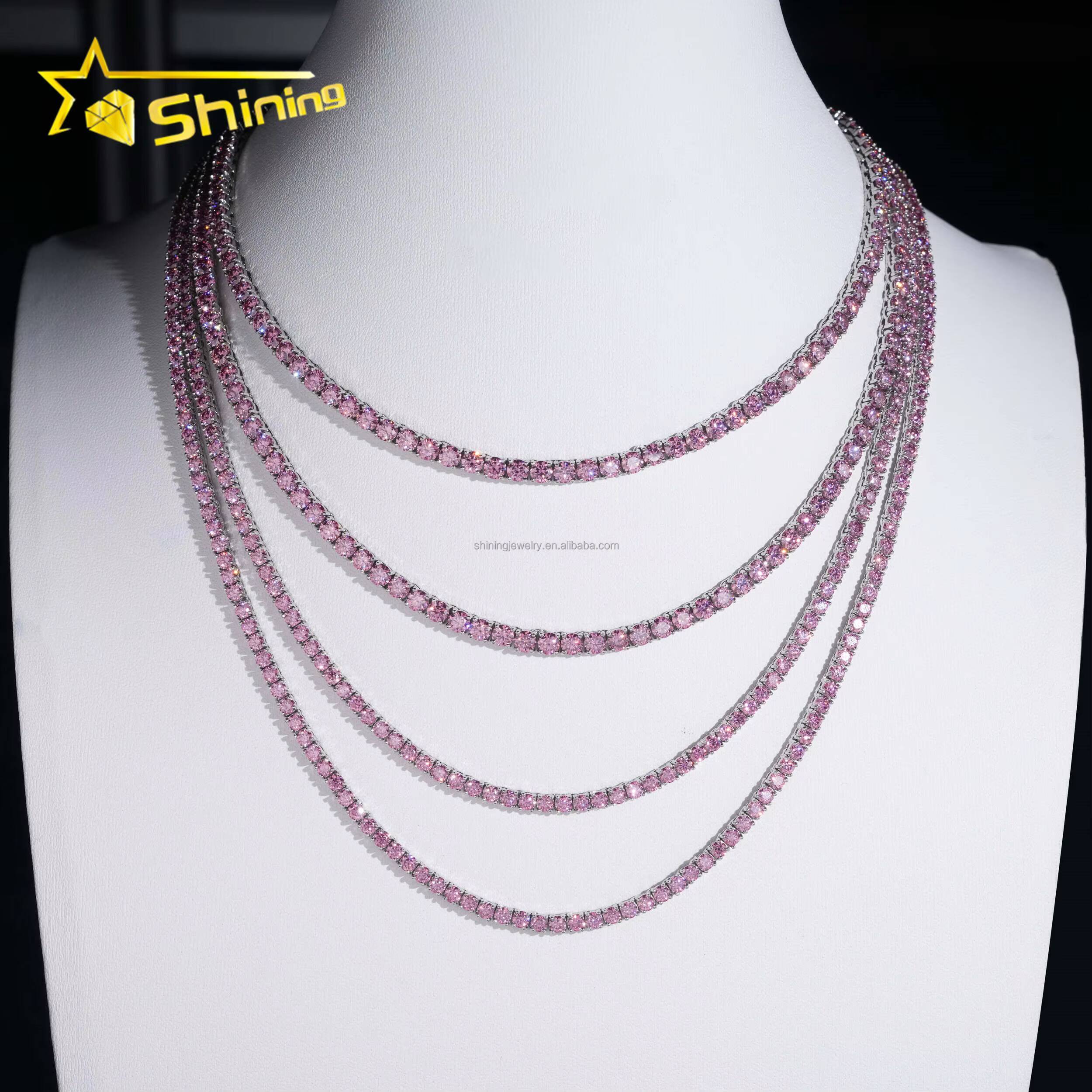 New Arrivals 3mm 4mm Hip Hop Fashion Jewelry Pink Moissanite Tennis Chains 925 Sterling Silver Iced Out Tennis Chain