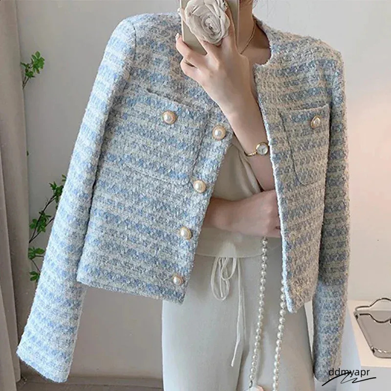 Cropped Cardigan: Elegant Single-Breasted Autumn/Winter Pearl Button Long Sleeve Outwear Top - ddmyApr Perfect For Chic Style, Ladies Blue Tweed Jacke