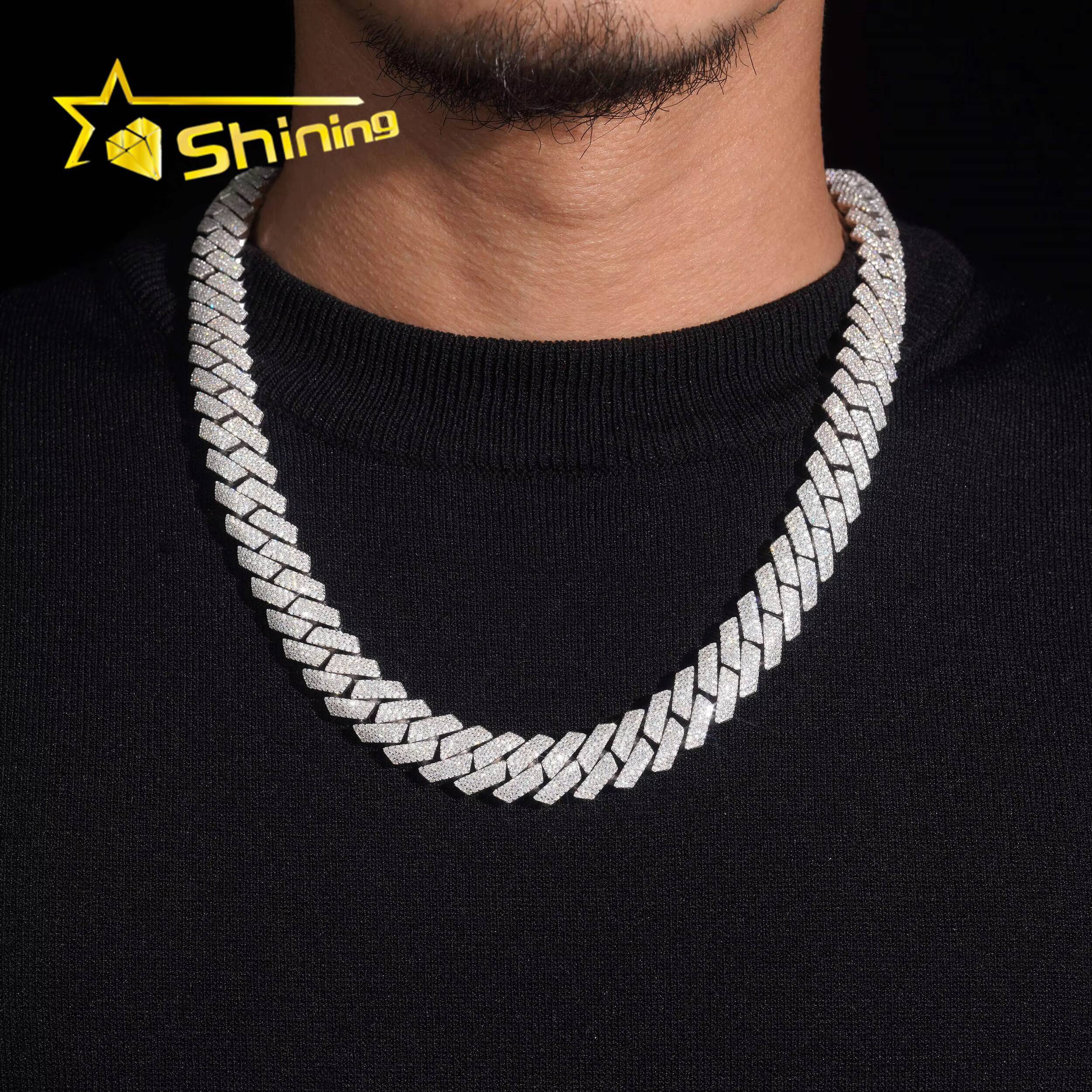 Promotion Hot Selling Hip Hop Jewelry 15mm Solid 925 Silver Bent Box Clasp Men Necklace Iced Out VVS Moissanite Cuban Link Chain