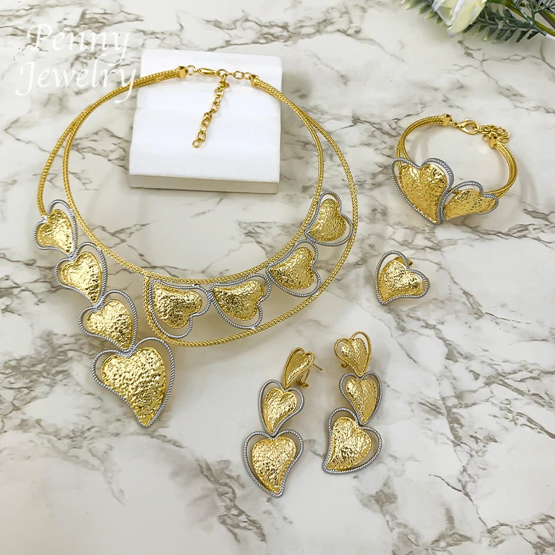 Heart Shaped Big Choker Gold Plated Jewelry Set Necklace Drop Earrings Bracelet Ring African Bridal Wedding Party Gifts 251016