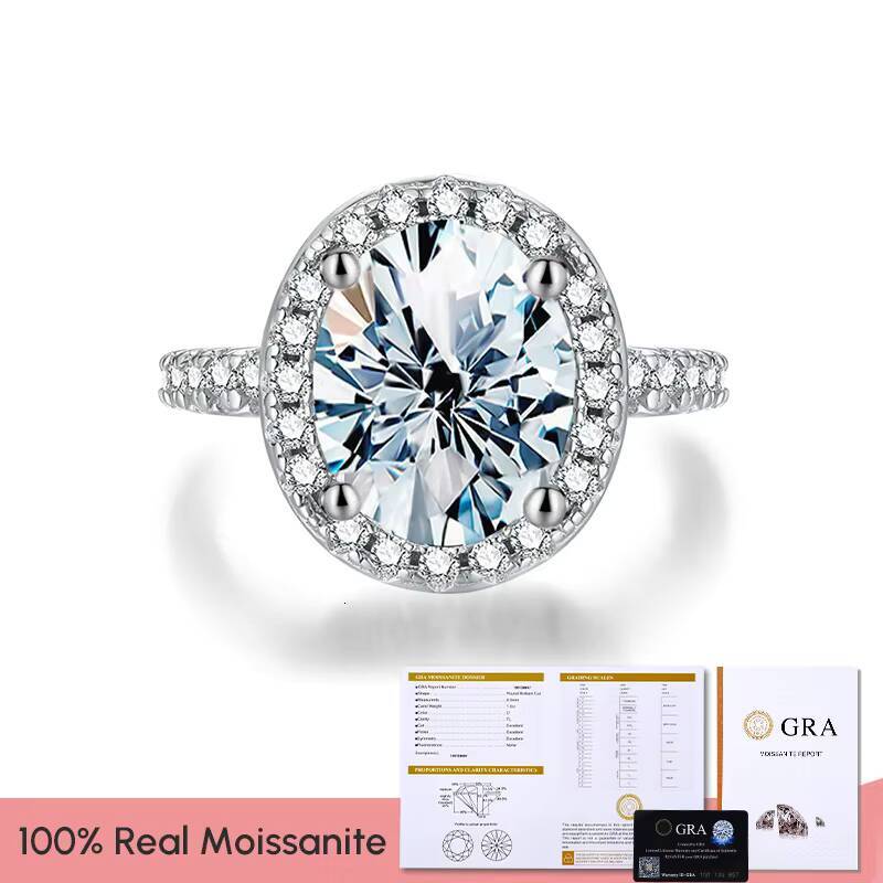 Luxury Wedding Jewelry White Gold Plated 925 Silver Single Huge Oval Cut 3ct Diamond Moissanite Halo Rings for Women